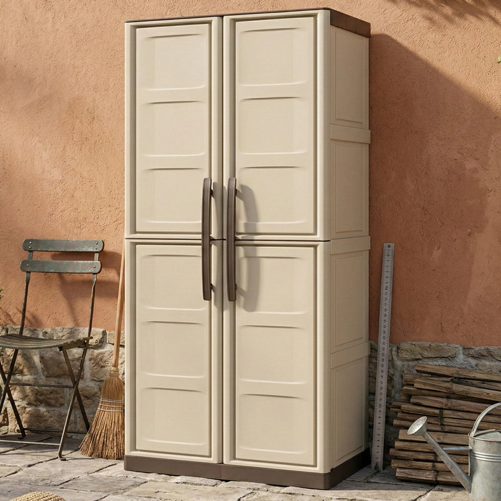 Armadio portascope da esterno o Ipno, Mobile a 2 ante e 3 ripiani in polipropilene, 100% Made in Italy, cm 70x39h165, colore Beige