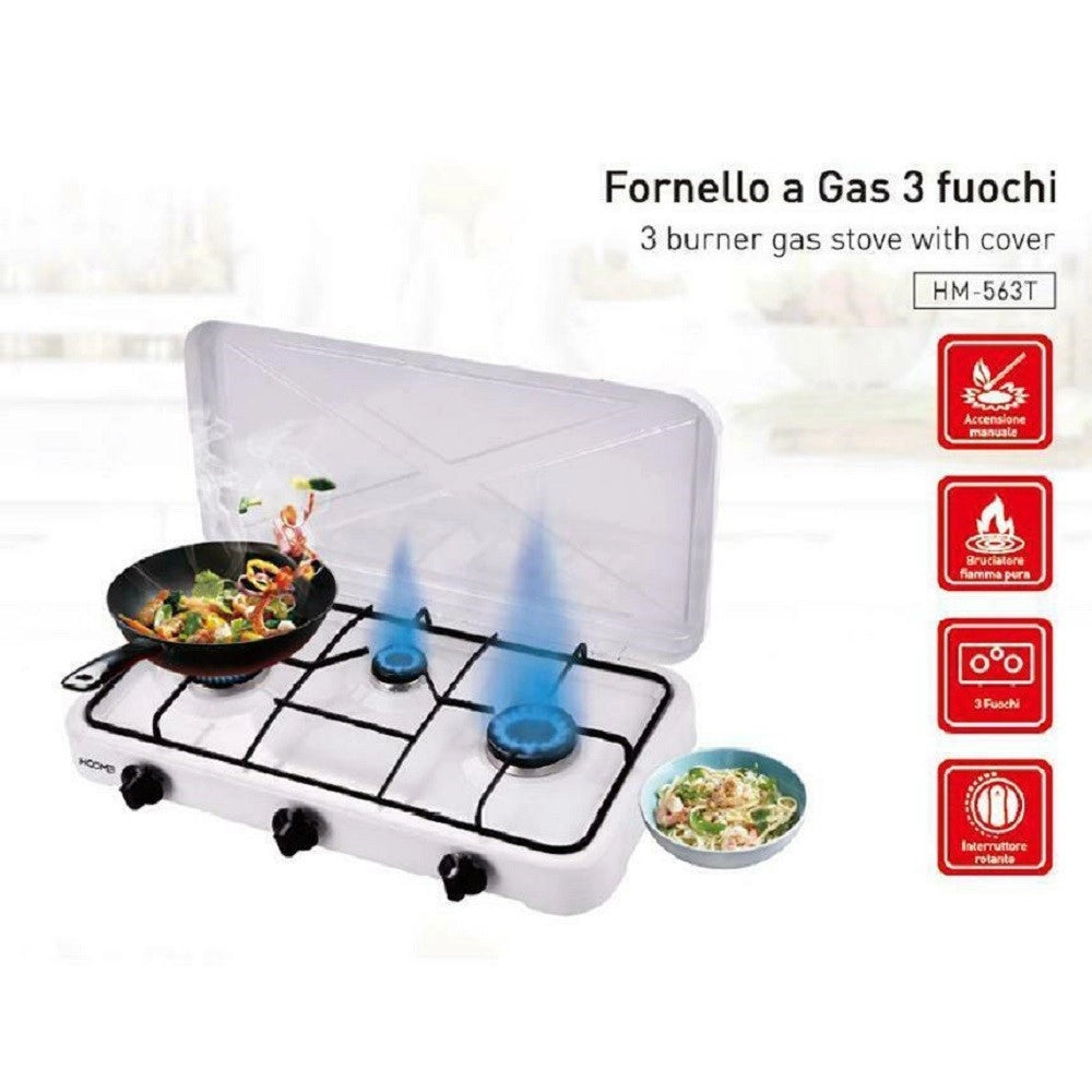 Trade Shop - Fornello A Gas Tre Fuochi Fiamma Regolabile Coperchio Antipolvere Piastra -