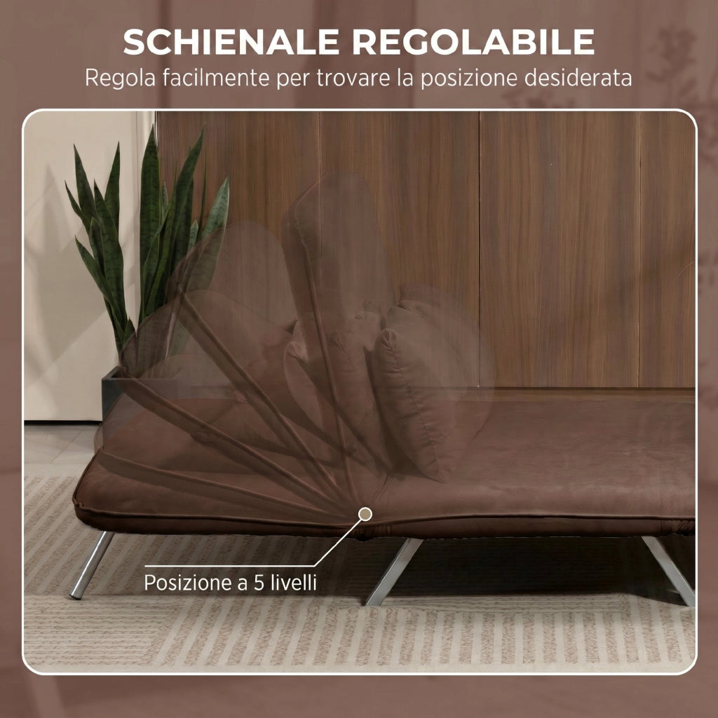 Divano Letto 2 Posti 111x80x78 cm Schienale Regolabile e 2 Cuscini in Finta Pelle Scamosciata Marrone