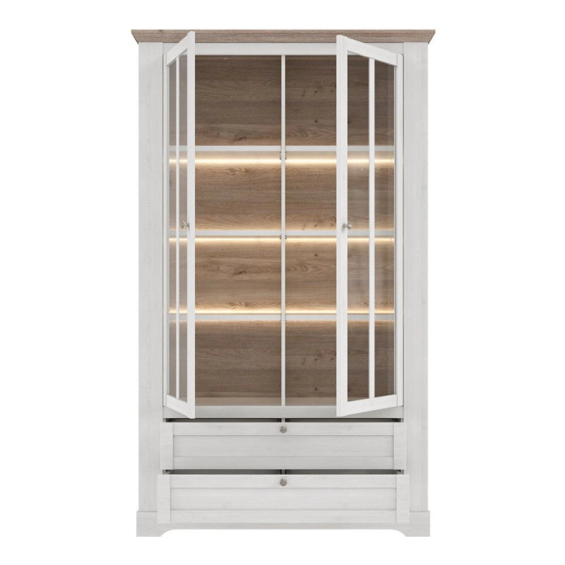 Vetrina Forma con 2 cassetti e 2 ante con vetro e con luce integrata colore rovere neve e piano olmo scuro
