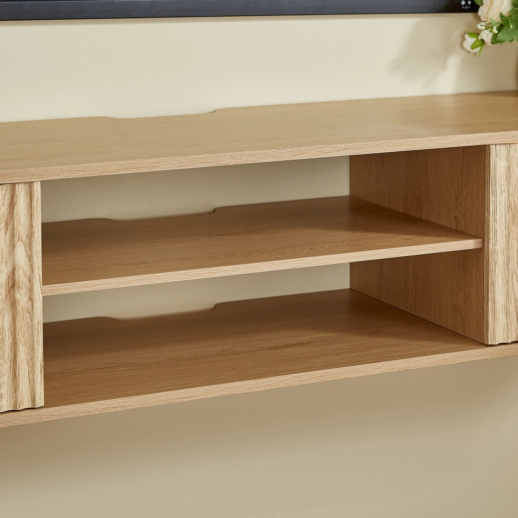 Mobile TV sospeso da 160 cm in MDF e truciolare con vani aperti e passacavi, colore naturale