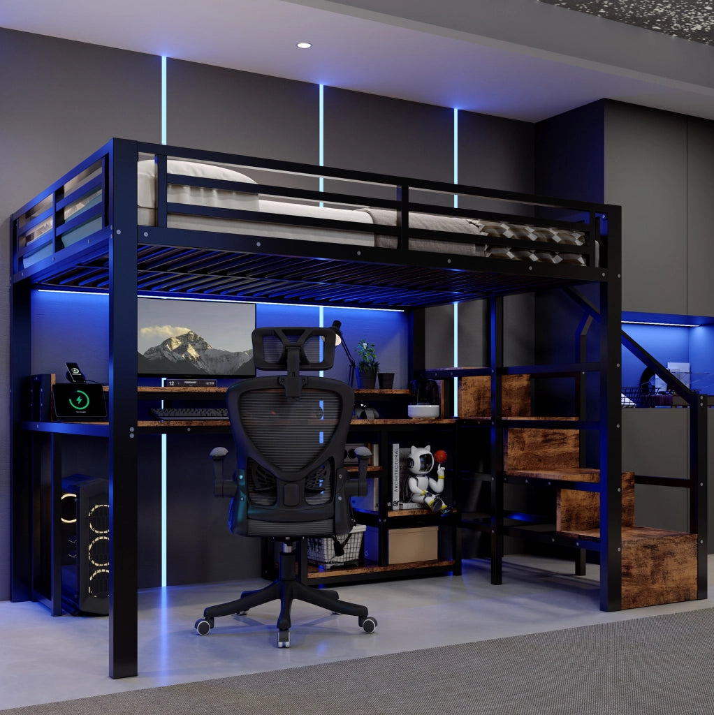 Letto a soppalco 140x200 cm in metallo e MDF; con scala contenitore; LED e USB; nero