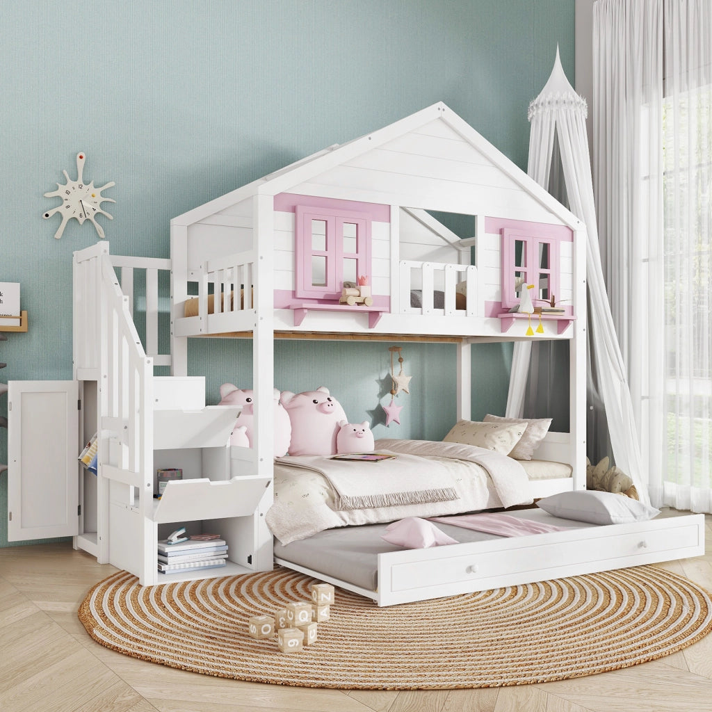 Letto a castello per bambini 90 × 200 cm con letto estraibile, scale contenitore e appendiabiti, senza materasso