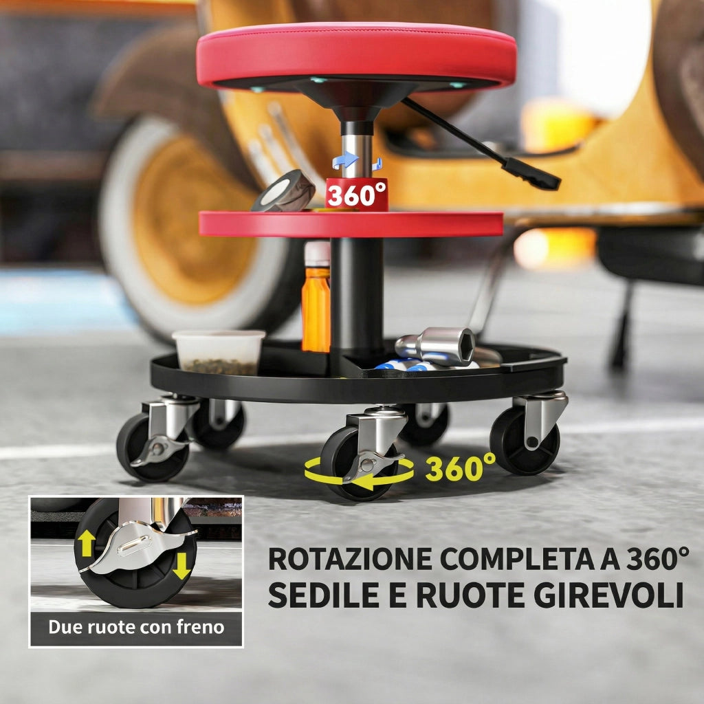 Sgabello da Officina Altezza 40-51 cm con Ruote Capacità fino a 135 kg con Vassoi Porta Utensili in Acciaio e Pelle