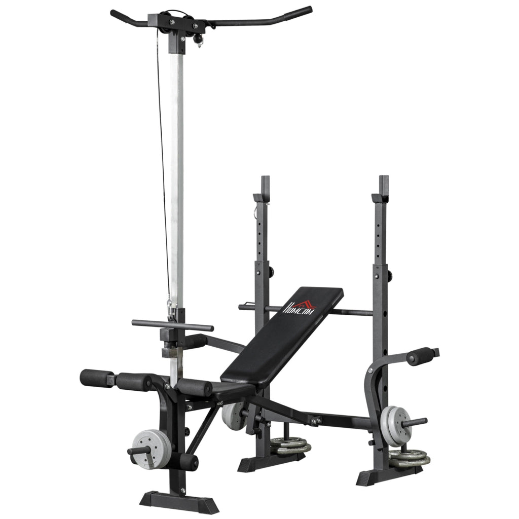 Panca Fitness con Leg Press, Squat Rack e Leg Extension, in Acciaio e PU, 180x134x200 cm, Nero e Argento
