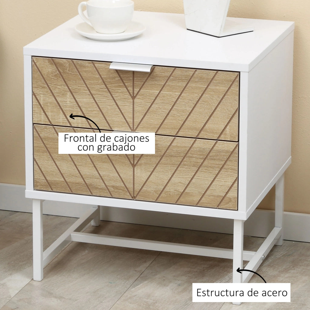 Comodino con 2 cassetti ¨C Minimal ¨C 45x39x48 cm bianco e rovere