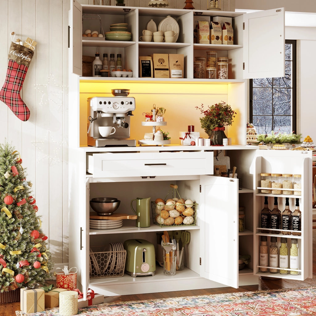 Credenza da Cucina Alta con 5 Ante; LED e Presa Multipla con USB; in MDF; 110 x 38 x 180 cm; Bianca