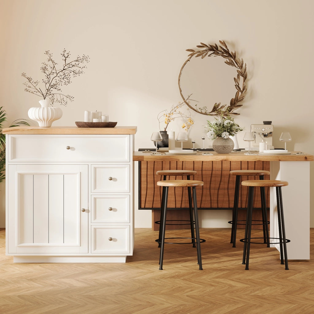 Isola Cucina Allungabile con Cassetti e Ruote ¨C MINIMAL ¨C Bianco, Piano Effetto Legno, 120-184 cm