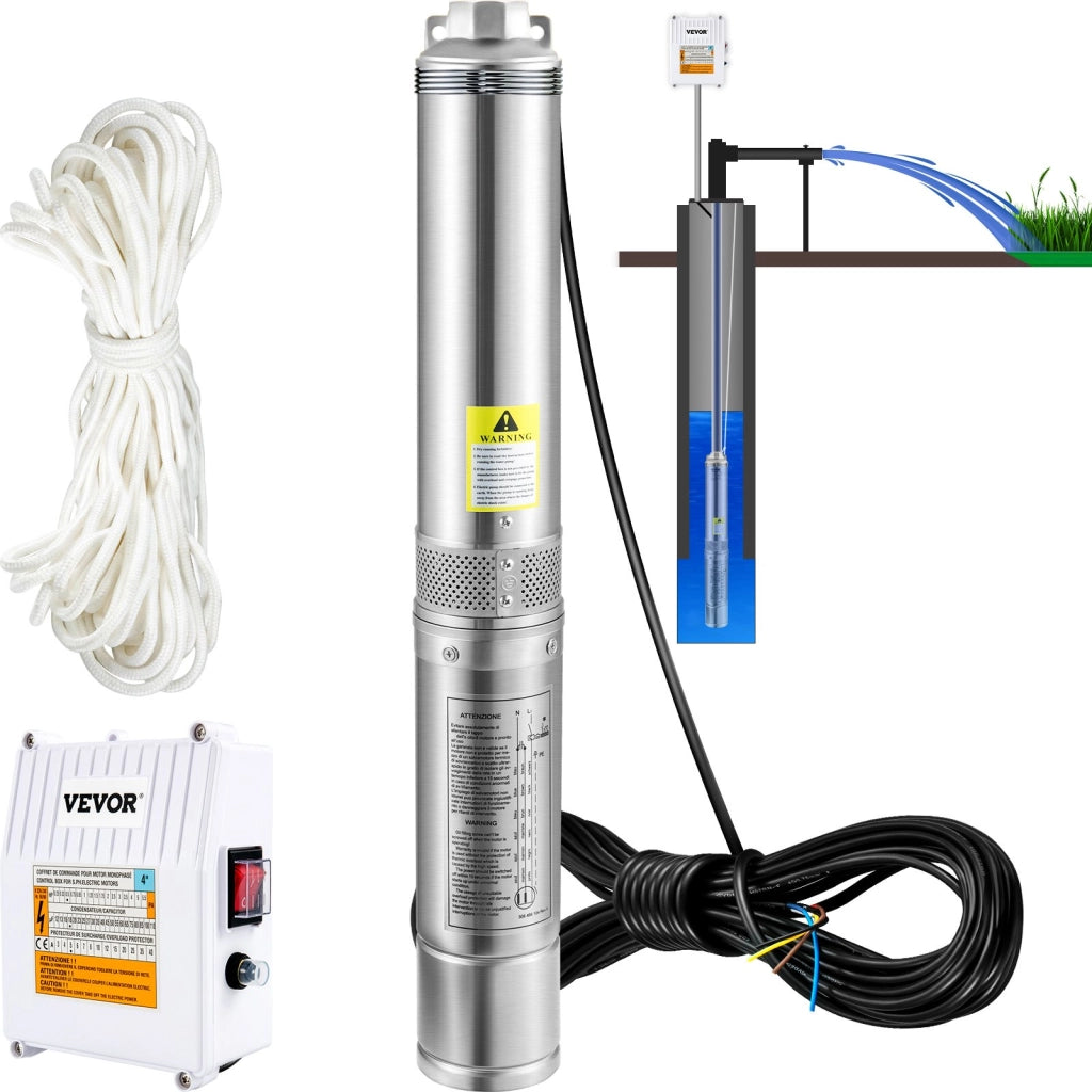 Pompa Sommersa per Pozzi Profondi 370W in Acciaio Inox 230V Flusso 110L/min Prevalenza 44m IP68 con Cavo 20m per Giardino e Orto
