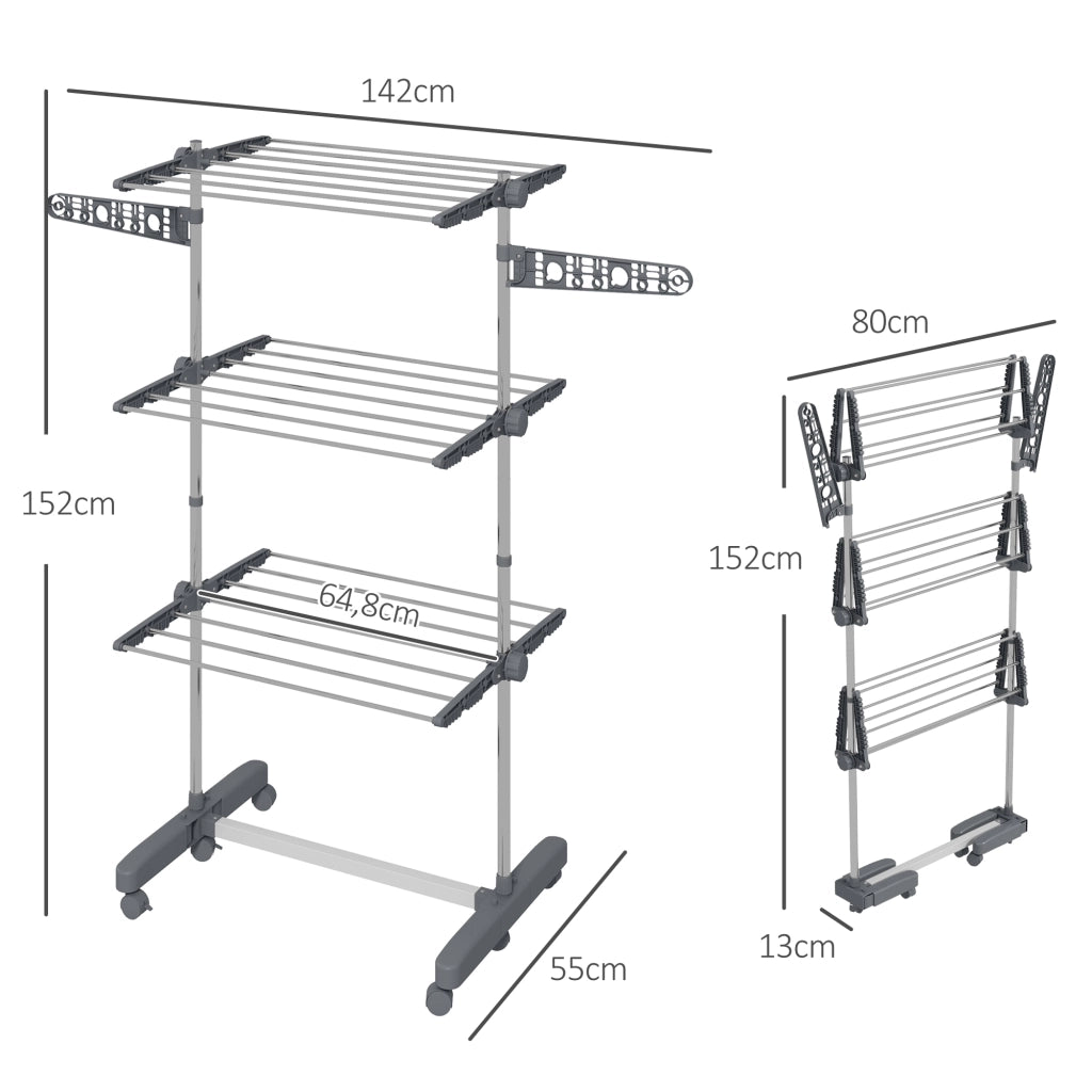 Stendibiancheria Pieghevole con Ali Laterali 3 Livelli ¨C Zephmum ¨C Grigio 142x55x152 cm