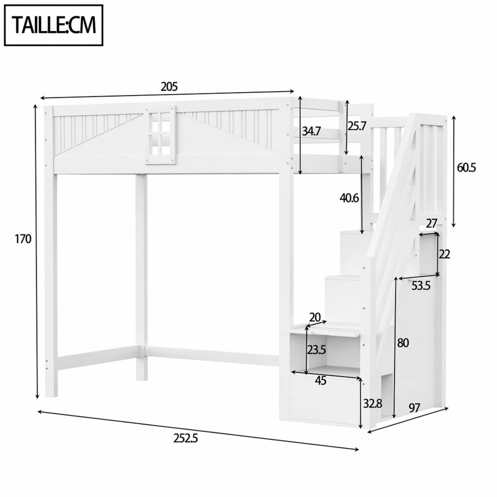 DESMIU Letto a soppalco letto singolo 90 × 200 cm con ripiani laterali, scala reversibile e barriera, senza materasso