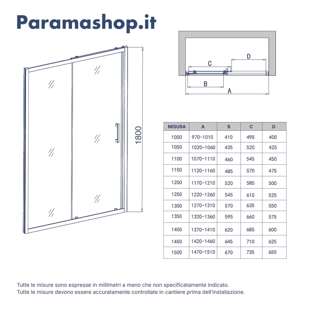Porta doccia 130 cm scorrevole reversibile vetro 6mm trasparente h180cm | Sicily
