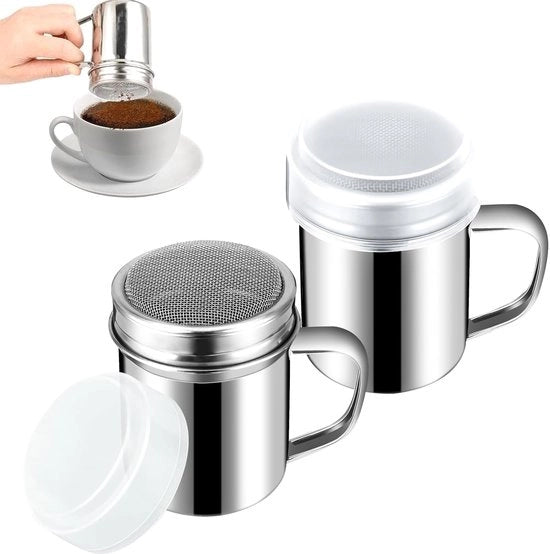 Due set di setaccia polveri in acciaio inossidabile, setaccia cacao, setaccia zucchero a polvere, setaccia farina con coperchio a molino zucchero a polvere per cappuccino, setaccia cacao, setaccia zucchero a polvere, sale, cacao, farina
