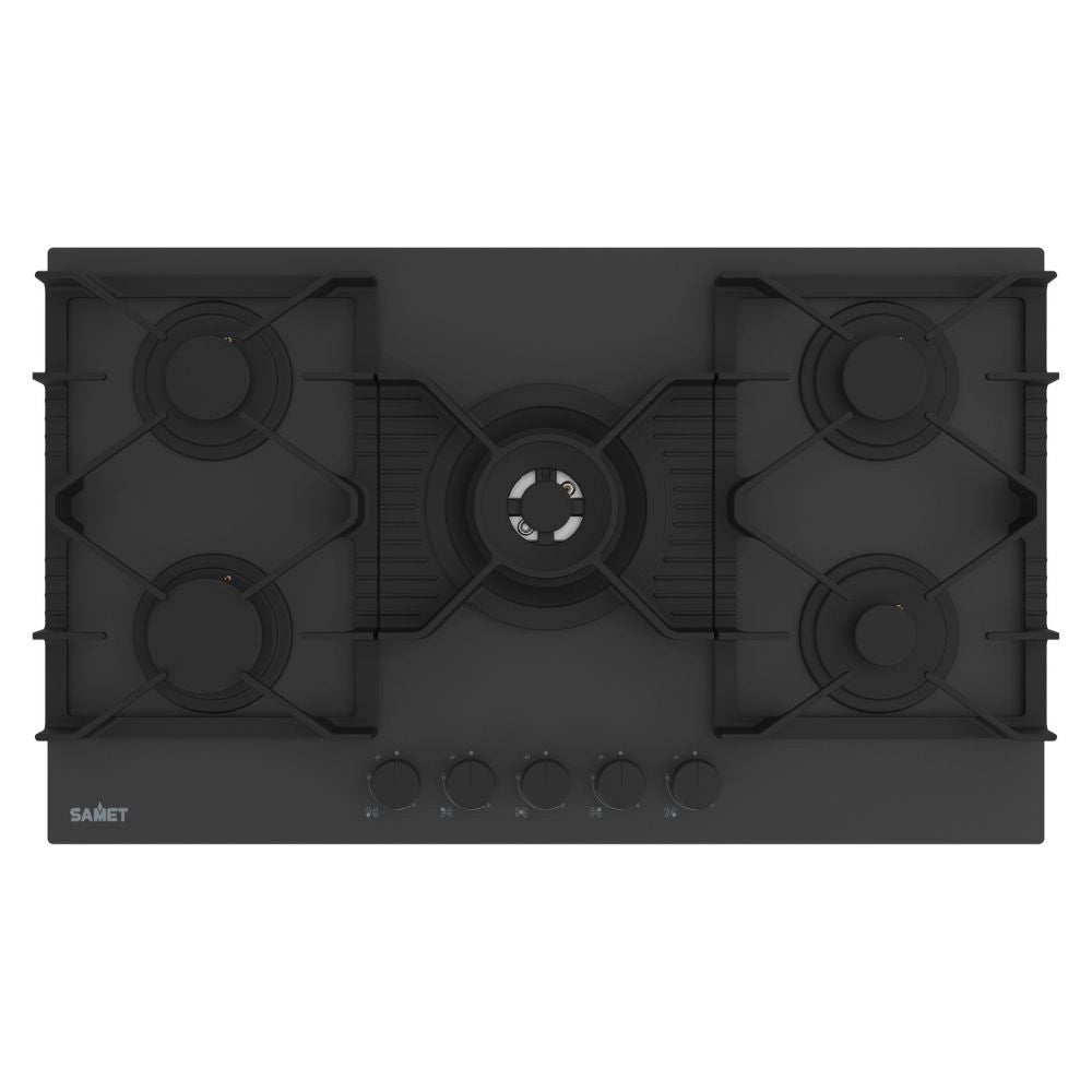 Piano cottura gas 5 fuochi 90 cm vetro temperato satinato nero opaco Samet Zacinto90