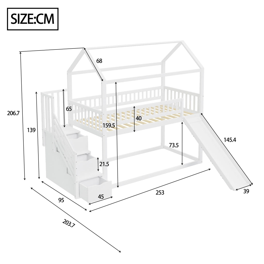 OKWISH Letto a Soppalco 90×200 cm, Letto Singolo con Scivolo, Scala Contenitore e Sponde Alte, senza Materasso, Bianco