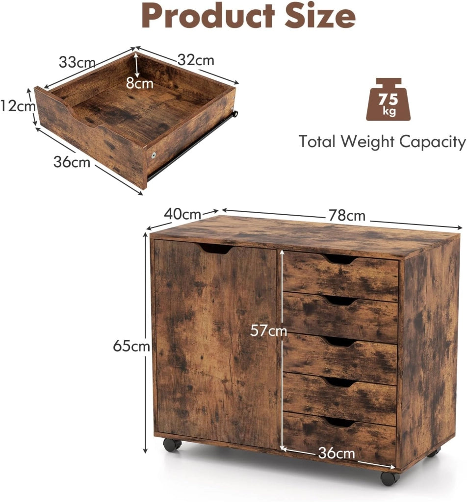 Cassettiera Ufficio con 5 Cassetti, Schedario Portadocumenti con Ruote Universali e Ripaini Regolabili, Mobile Porta Stampante in Legno per Studio, Camera da Letto, 79x39x65 cm (Marrone)
