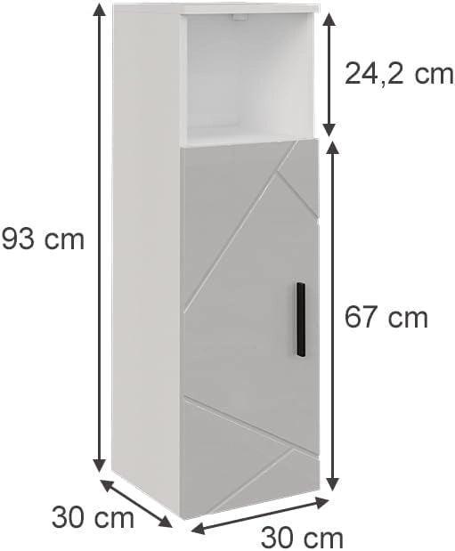 Mobiletto midi Irma, Bianco/bianco lucido, 30 x 93 cm con porta, per la conservazione di articoli da bagno e asciugamani