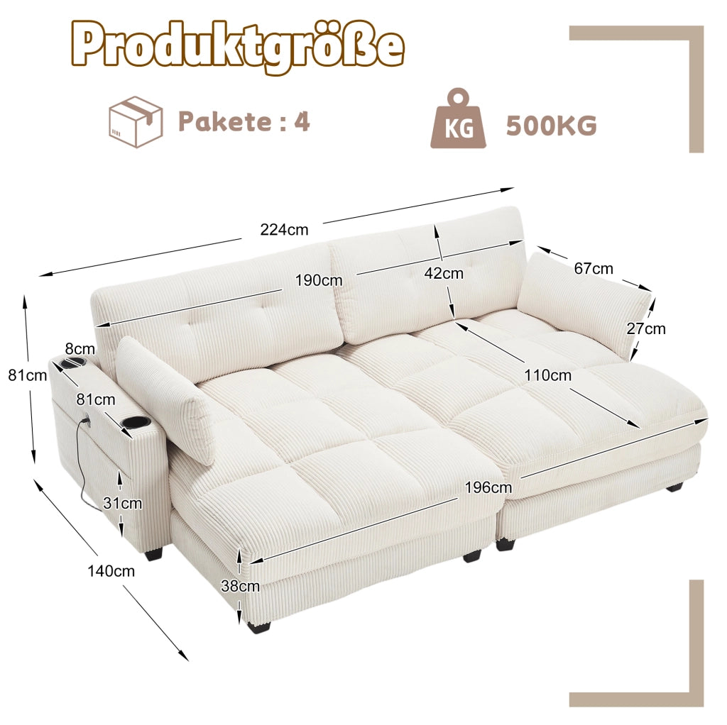 Divano modulare 2 posti in velluto a coste beige con USB