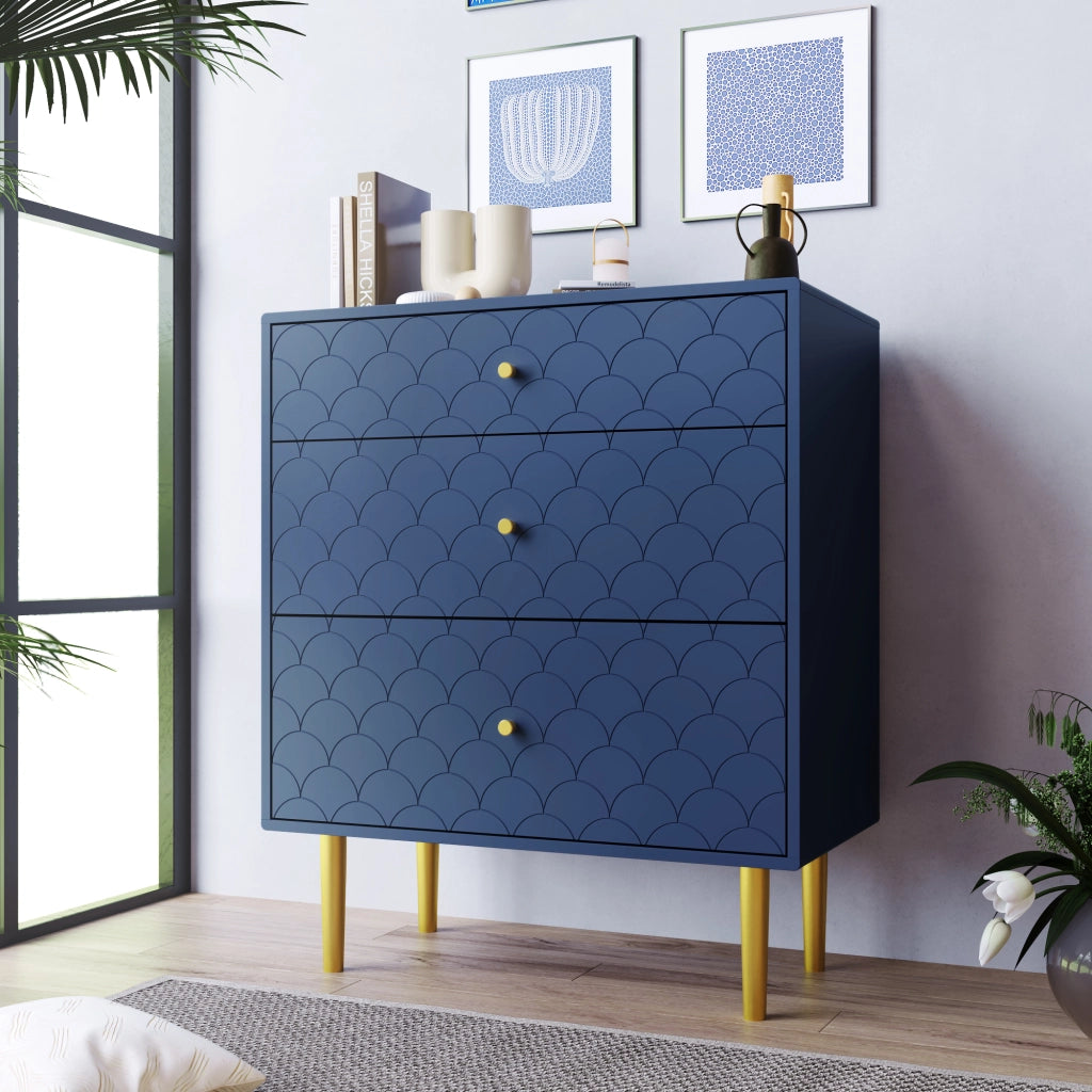 OKWISH Comò con 3 Cassetti, Frontale con Motivo a Scaglie e Gambe in Metallo, Legno e Metallo, Blu Navy, 75 x 40 x 89 cm