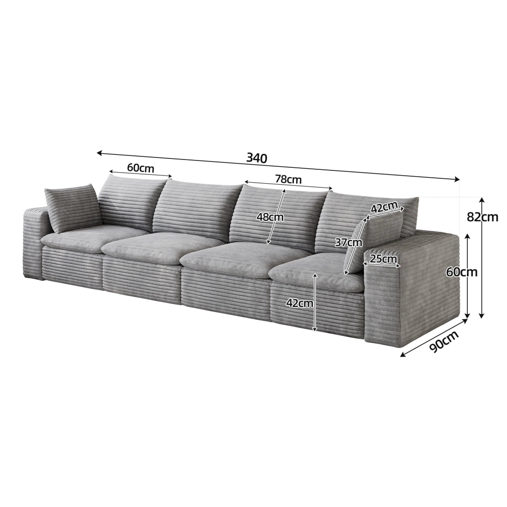Divano Cloud 3 Posti in Velluto a Coste ¨C MINIMAL ¨C Grigio Scuro, 340cm, Imbottito, Sfoderabile