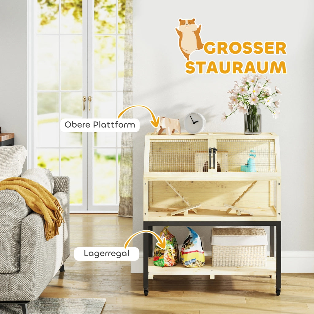 Scaffale per piccoli animali a due livelli con rampe, ripiani e ruote in legno e metallo naturale 87 × 43 × 101 cm