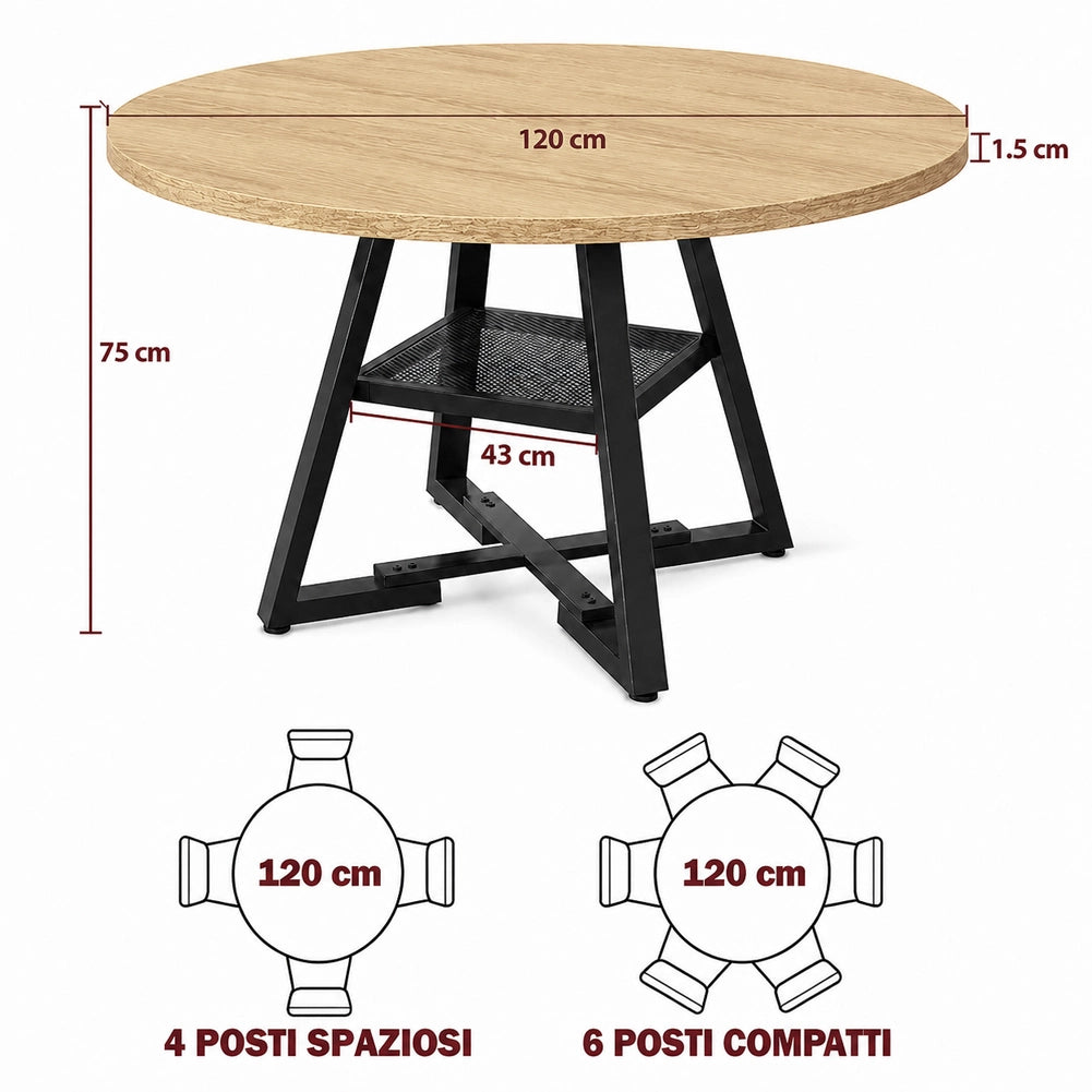 Tavolo per Sala da Pranzo Tondo Naturale con Ripiano Portaoggetti 120x120x76cm