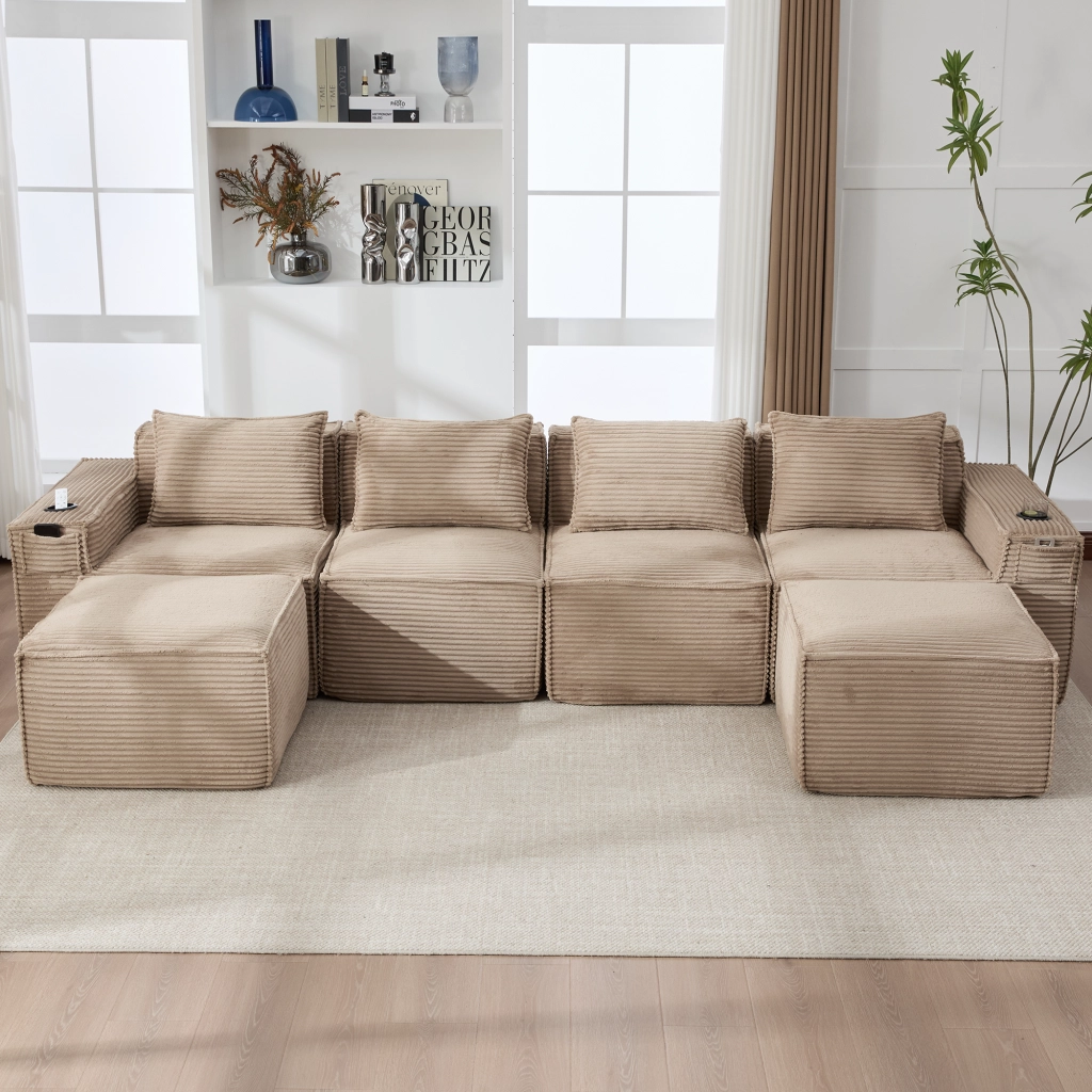 DIVANO modulare 4 posti 330x162x75 cm in corduroy khaki con 2 pouf