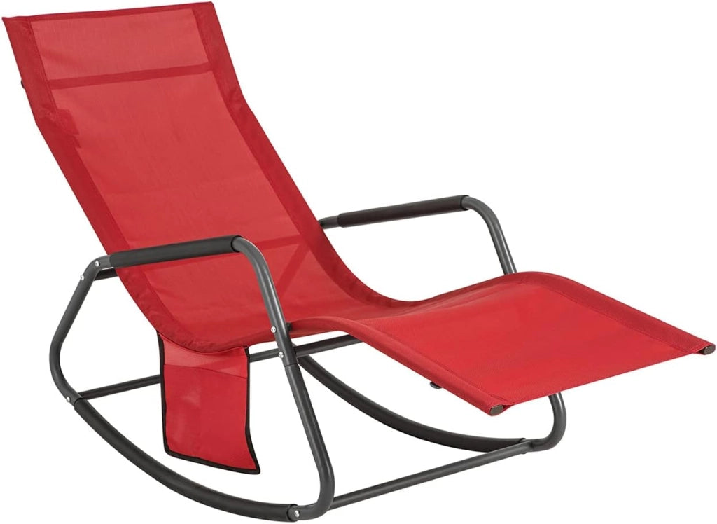 Dondolo da Giardino Sedia a Dondolo da Esterno Lettino Prendisole con Tasca Laterale Poltrona da Giardino Sdraio per Patio Balcone Campeggio Spiaggia Rosso 143x57x85 cm OGS47-R