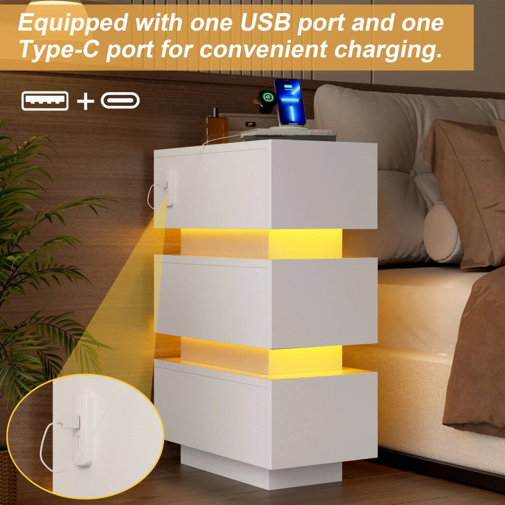 Desviae Comodini stretti set da 2 con 3 cassetti e ricarica integrata USB e Type-C luci LED bianchi 20 × 40 × 59,5 cm