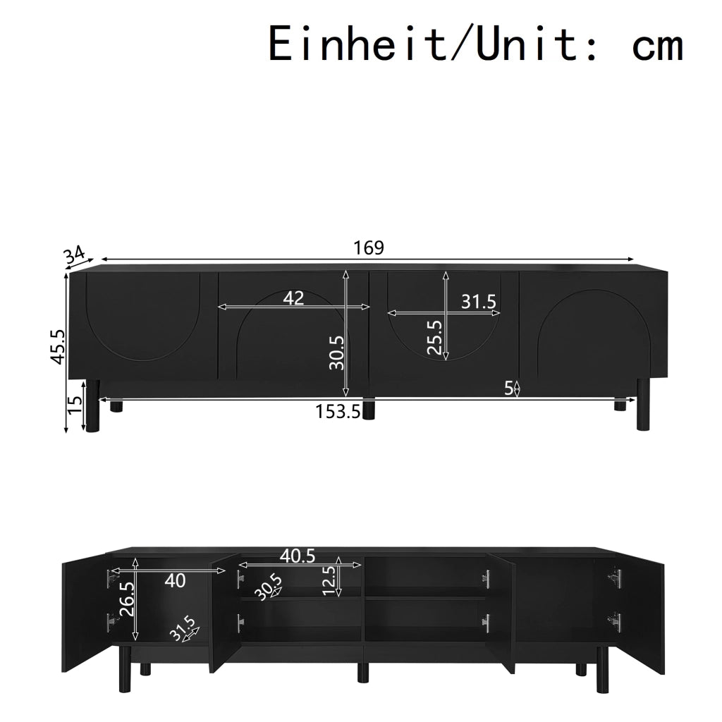 OKWISH Mobile TV con 4 Ante e Ripiani, Frontali Ondulati senza Maniglie, per Soggiorno, MDF e Pannelli di Particelle, Nero, 169 × 34 × 45.5 cm