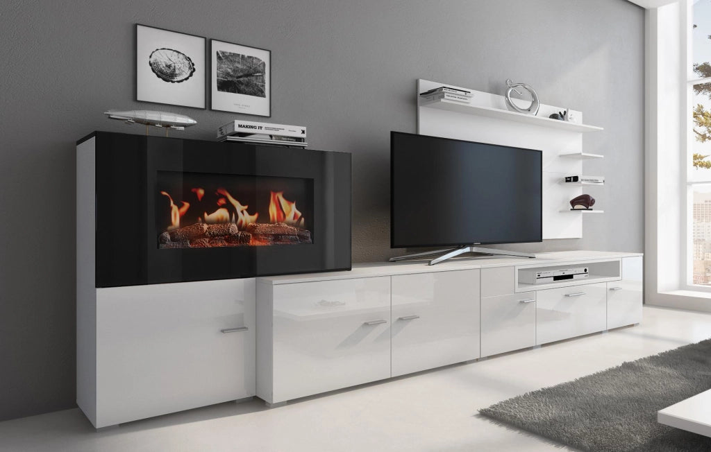 Mobili da soggiorno, camino elettrico a 5 livelli di fiamme, Bianco Opaco e Laccato Bianco Chiaro, 290x45x170cm  RF3663