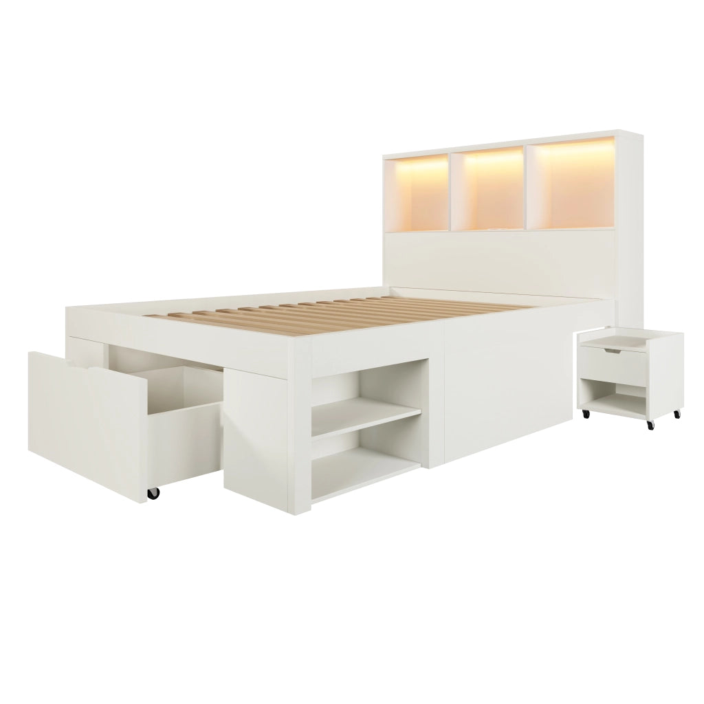 Letto Singolo con Contenitore, Comodino, Cassetti, Ripiani e LED ¨C MINIMAL ¨C Legno Bianco 90x200