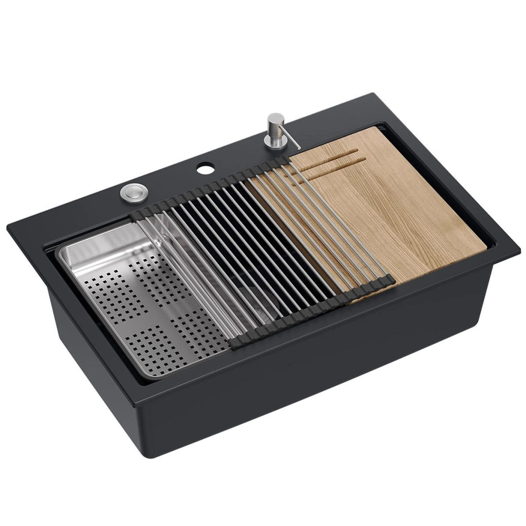 Lavello In Granito Marc 110 Workstation Black Tappo acciaio
