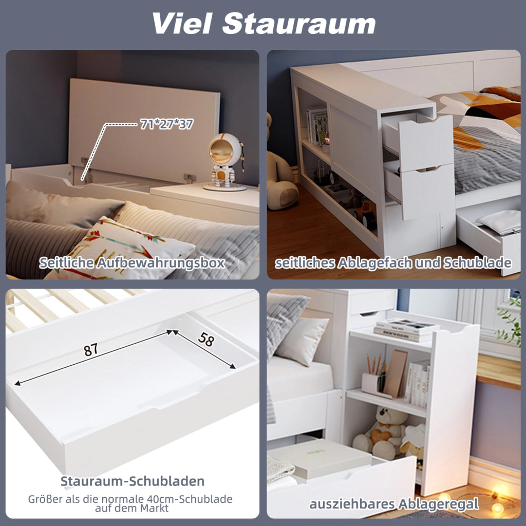 Letto contenitore 140x200 cm con cassetti e comodino, bianco