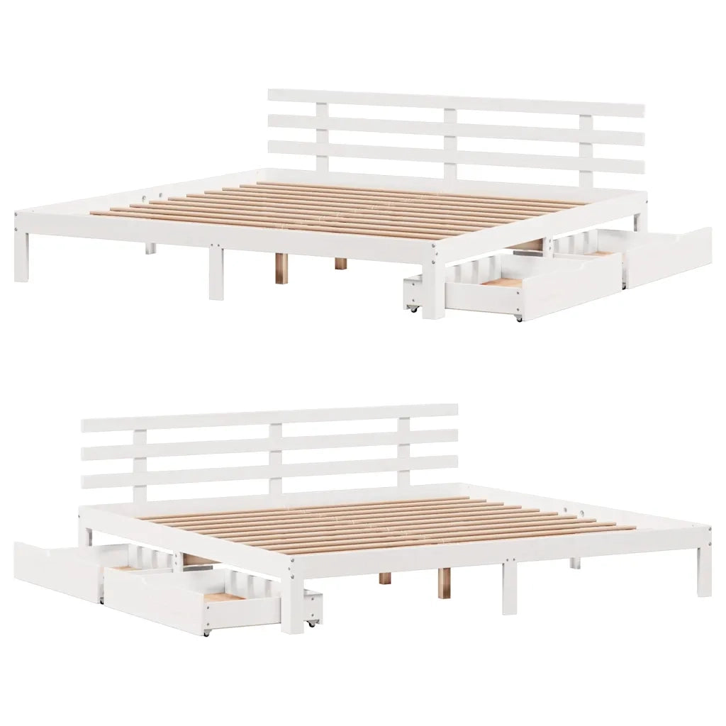 Letto matrimoniale | Letto per adulti | Giroletto con Cassetti Bianco 200x200 cm Legno Massello di Pino
