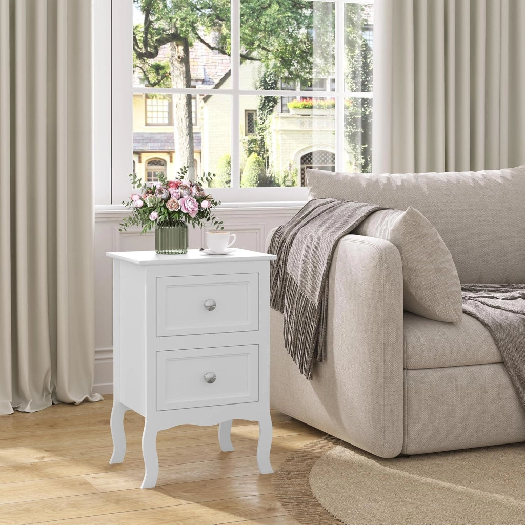 Comodino Shabby Chic Bianco con 2 Cassetti per Camera da Letto Comodino da Notte in MDF 40x30x60cm TS119ws