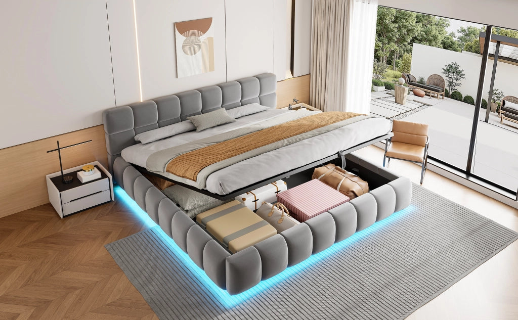 Letto imbottito 180x200 cm in velluto grigio con LED, contenitore idraulico e rete a doghe