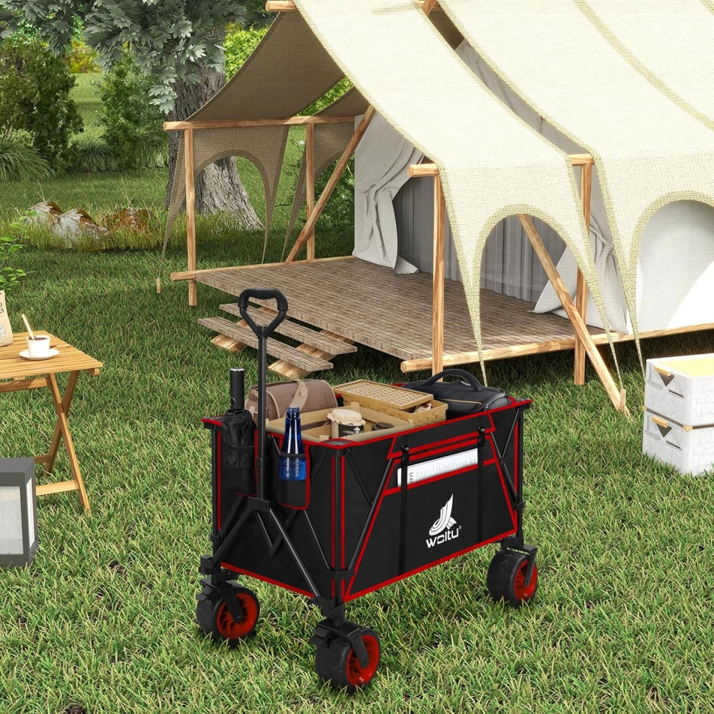 Carrello Pieghevole con Ruote da Spiaggia, Giardino, Campeggio, Viaggio, Spesa, con Borsa di Trasporto, Oxford+Acciaio, Nero+Rosso