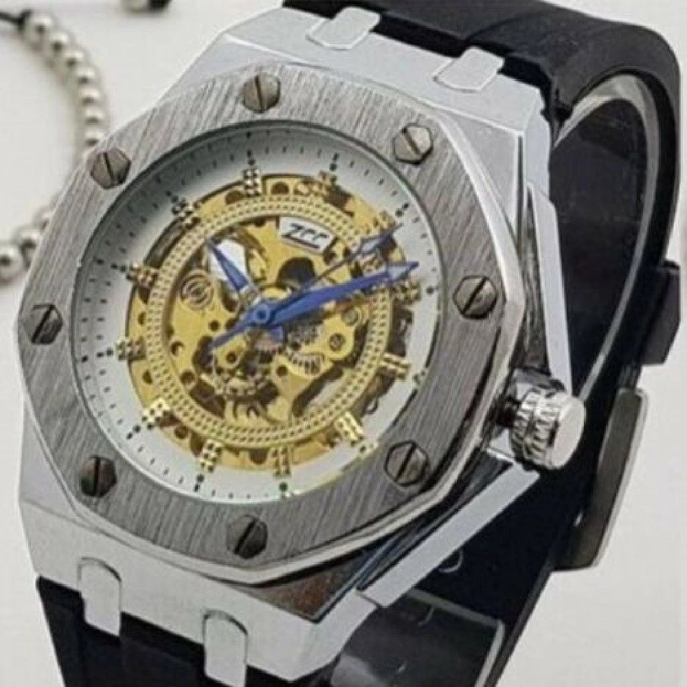 Trade Shop - Orologio Da Polso Zcc 4407 Uomo Automatico Elegante Silver Bianco Cinturino Nero -