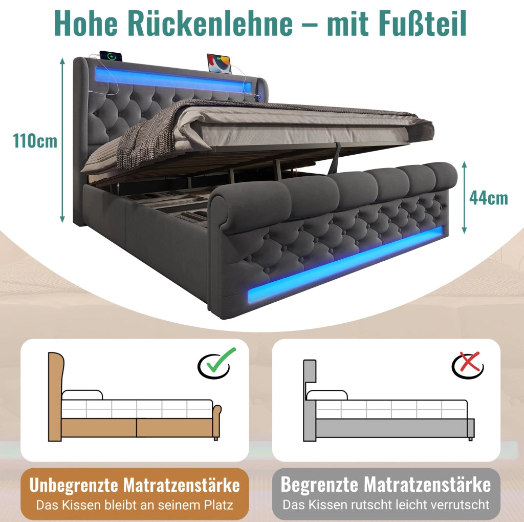 Letto matrimoniale imbottito 140x200 cm LED USB-C grigio con materasso