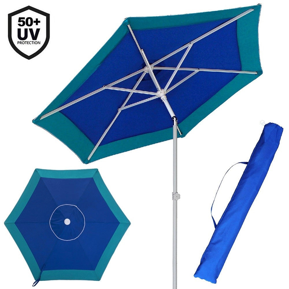 Trade Shop - Ombrellone Mare Spiaggia Giardino Acciaio Grande 210cm Turchese Blu Con Custodia -
