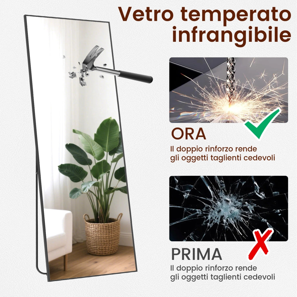 Specchio a figura intera, 162 x 52 cm, specchio autoportante con supporto, specchio quadrato a figura intera, nero, autoportante o inclinabile.