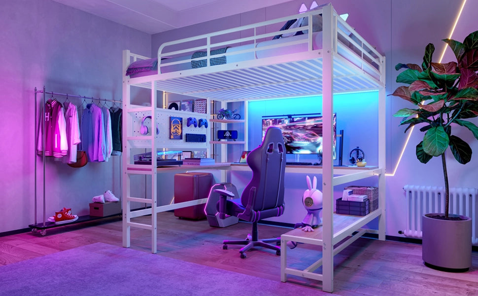 DESMIU Letto a soppalco matrimoniale con scrivania, mensole, USB, Type-C e LED 140 × 200 cm senza materasso