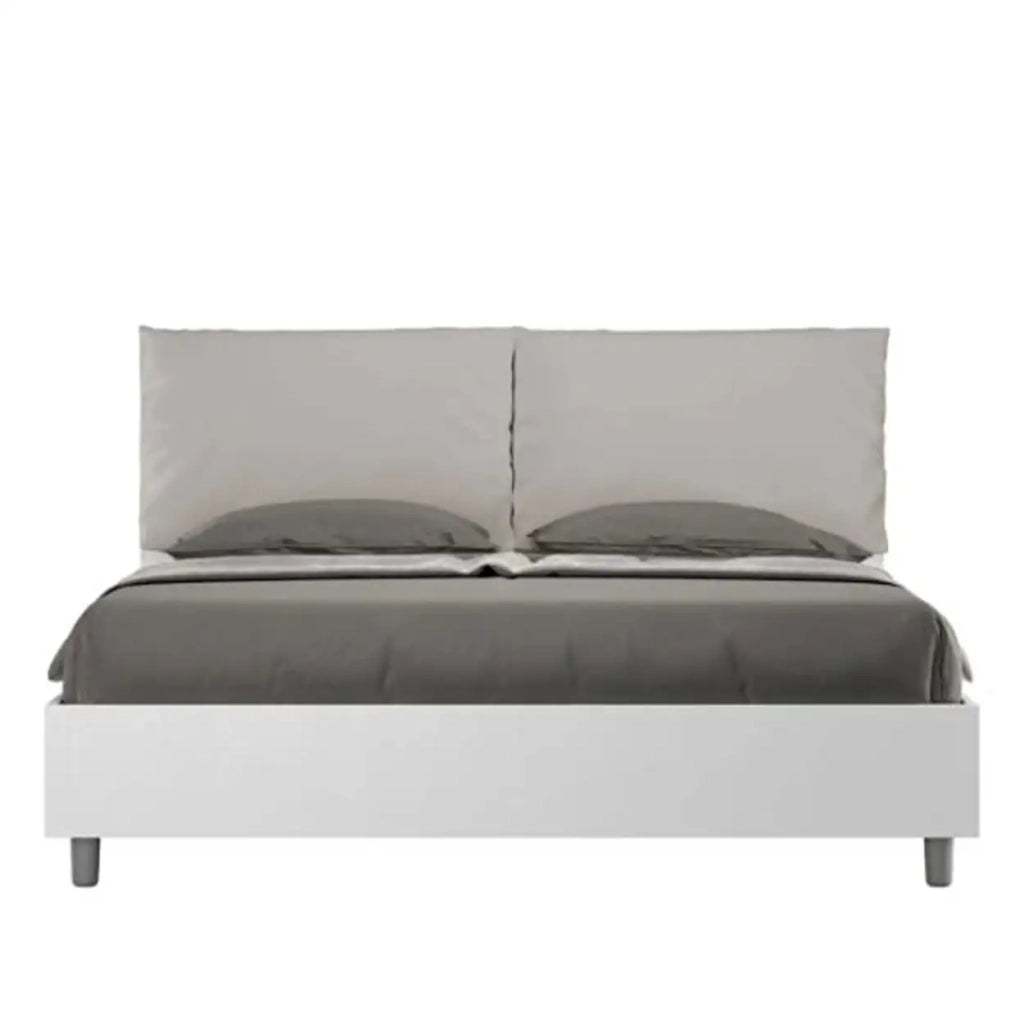 Letto matrimoniale con rete 160x200 bianco frassino cuscini similpelle tortora Egos Antea