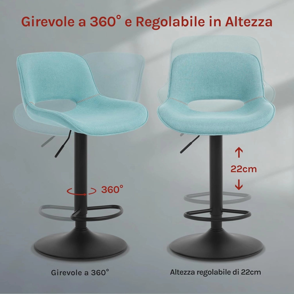 Set di 4 Sgabelli da Cucina, Sedia da Bar in Lino, Sgabello Regolabile in Altezza, con Schienale, Seduta Imbottita Girevole a 360°, per Bistrot, Pub, Base in Metallo, Blu, BH438bl-4