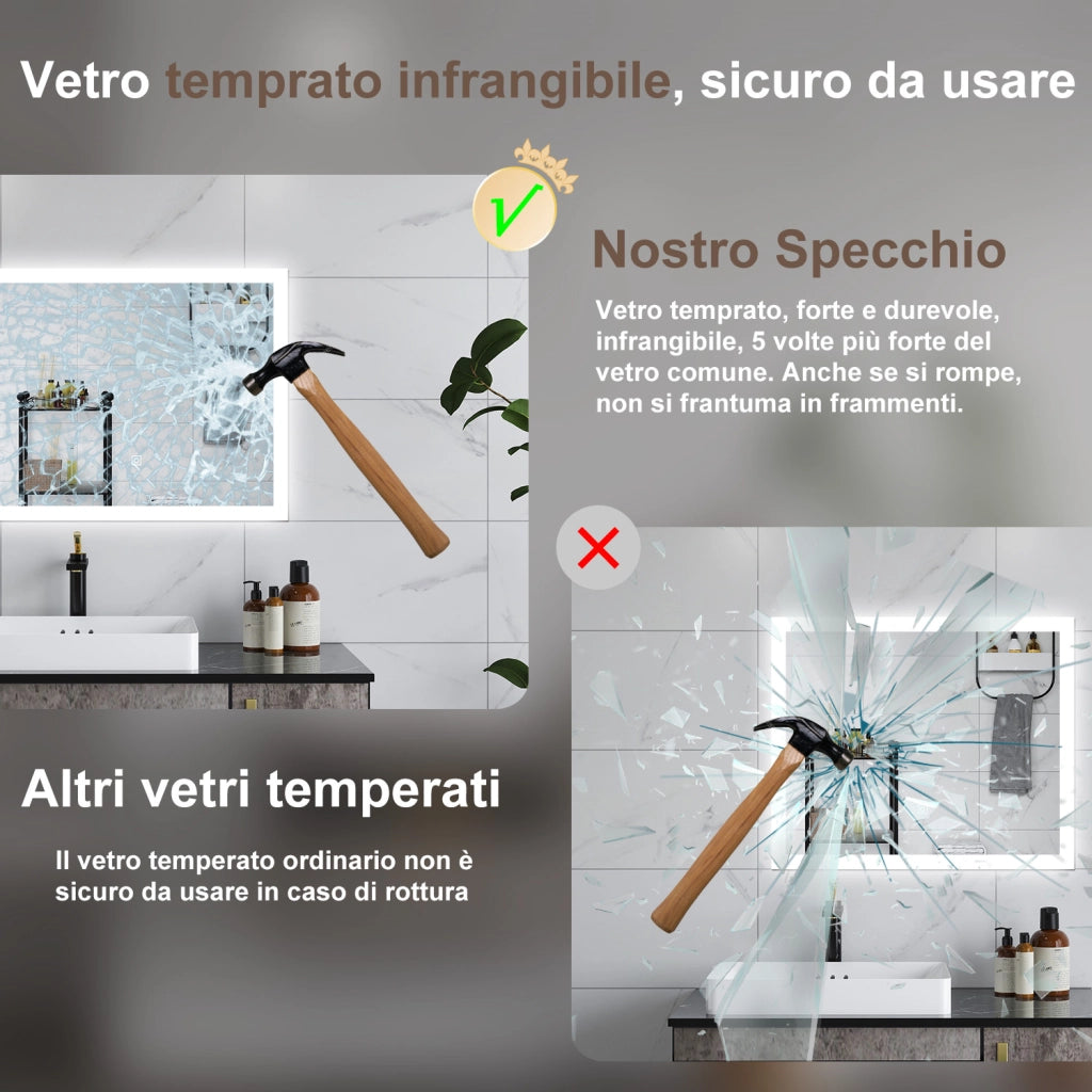 AICA Specchio da bagno  90 x 70 cm, dimmerabile, Funzione Memoria, antiappannamento, 3 colori