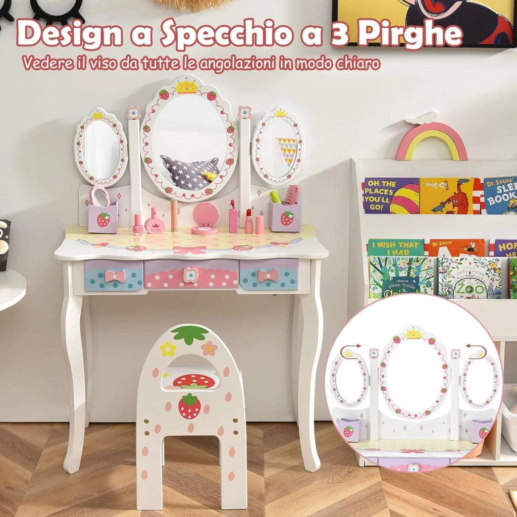 Toeletta Trucco 2 in 1 per Bambina, Specchiera Staccabile con Sedia, 3 Cassetti e 2 Portapenne, Postazione Trucco per Cameretta in Legno, 70 x 34 x 105cm (Bianco)