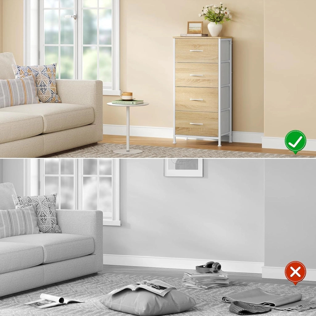 Cassettiera, 4 Cassetti in Tessuto, Armadio di Stoccaggio per Camera da Letto Corridoio Soggiorno, Struttura in Acciaio, E1 Piano Legno, Bianco