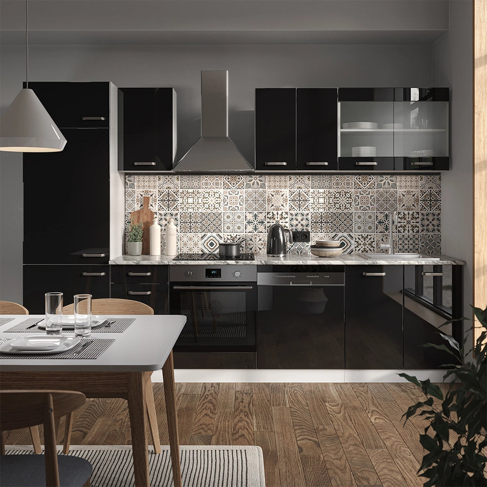 Vicco Cucina componibile Nero lucido/bianco 300 cm senza piano di lavoro