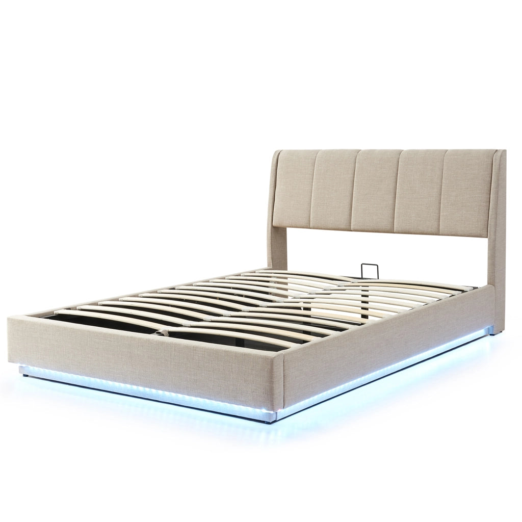 Letto Contenitore Tröstiar con Apertura a Ribalta e Luce LED Letto Francese 140x200 cm Beige [en.casa]